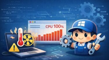 Windows Modules Installer Workerの高負荷でPCが重くなる状況を示すイラスト（熱いノートPC、警告アイコン、CPU使用率のグラフ、メンテナンス作業員）
