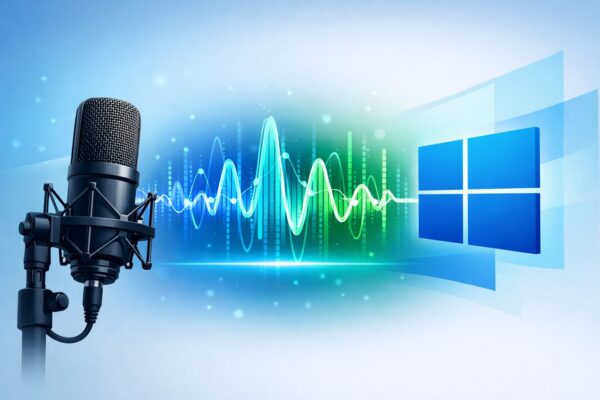 Windowsのロゴと音声波形、コンデンサーマイクを描いた、Voice Clarityや音声トラブル対策をイメージするイラスト