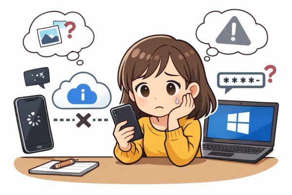 WindowsパソコンとiPhoneがiCloudで連携し、写真・ファイル・パスワードを同期しているイメージイラスト