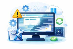 画面表示が崩れたPCモニターと警告アイコン、修復ツールを描いたイラスト
