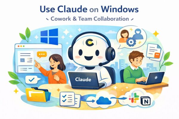 Claude AI cowork and team collaboration on Windows illustrated with shared workspace and productivity tools