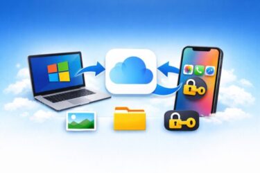 WindowsパソコンとiPhoneがiCloudで連携し、写真・ファイル・パスワードを同期しているイメージイラスト