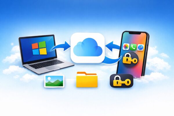 WindowsパソコンとiPhoneがiCloudで連携し、写真・ファイル・パスワードを同期しているイメージイラスト