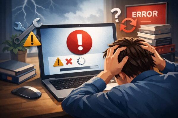 Windowsアップデートのエラーによる混乱している男性