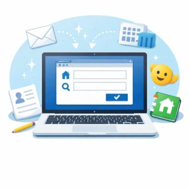 Windowsの辞書登録機能で、短い入力から住所や定型文を自動変換するイメージのシンプルなイラスト