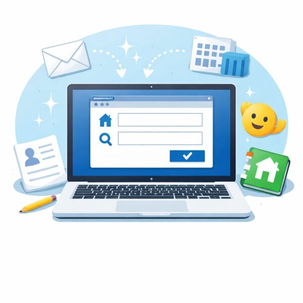 Windowsの辞書登録機能で、短い入力から住所や定型文を自動変換するイメージのシンプルなイラスト