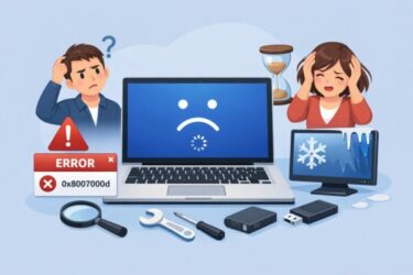 Windows 11の不具合で困っている様子とフリーズ・エラー画面のイメージイラスト