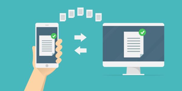 スマートフォンとパソコン間のワイヤレス共有をシンプルに表現したデザイン