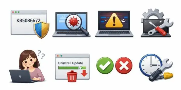 【2026年最新】KB5086672とは?安全?不具合の内容と対処法をわかりやすく解説 1 Windowsアップデート(KB5086672)によるセキュリティ対策・不具合・対処方法をイメージしたパソコンイラスト