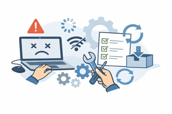 KB5086672の不具合トラブルと対処をイメージしたシンプルなパソコンイラスト