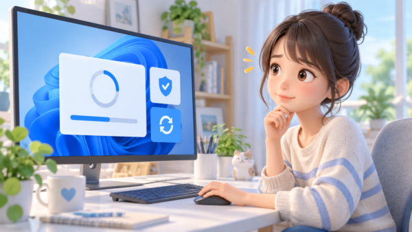 Windows 11のバージョンと更新状況を確認している女性のイメージイラスト