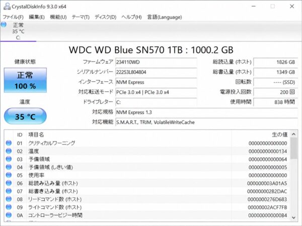 CrystalDiskInfoのディスク状態表示