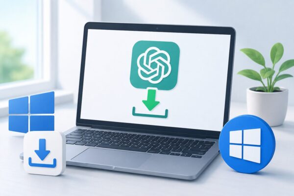 現代的なデスクとダウンロードアイコン