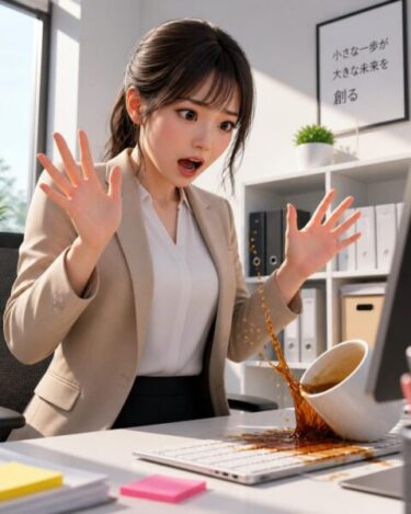 PCにコーヒーをこぼして慌てる女性