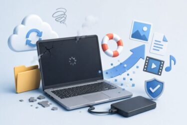 データ復旧を示す壊れたノートPC