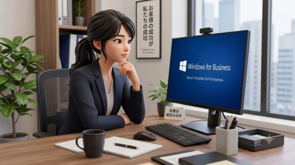 officeの女性。画面に映る「Hello for Business」を見て悩んでる。