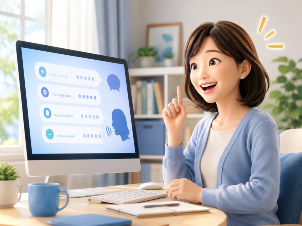 パソコン用語の読み方がわかり笑顔になる女性のイラスト