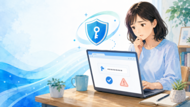 パスワードの自動生成と「本当に保存された？」という不安が伝わるアイキャッチ