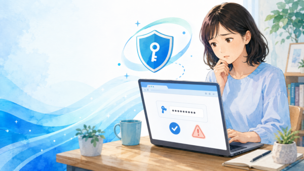 パスワードの自動生成と「本当に保存された？」という不安が伝わるアイキャッチ