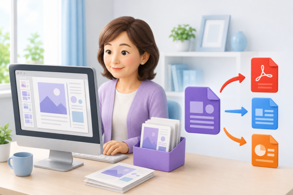 出版ファイル整理とPDF変換をイメージしたイラスト