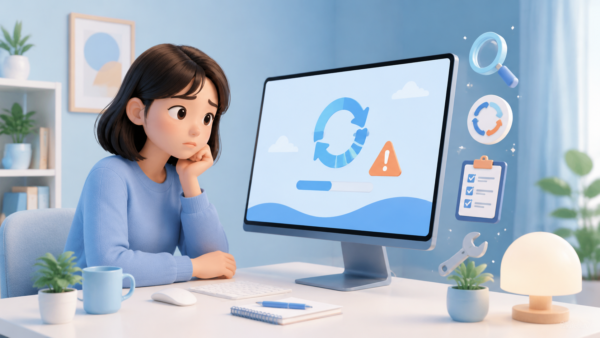 Windows Updateができない・失敗する時の対処法|KB番号・0x800エラー共通手順 1 Windows Updateエラーを前に、確認・修復方法を考えている女性の3Dイラスト