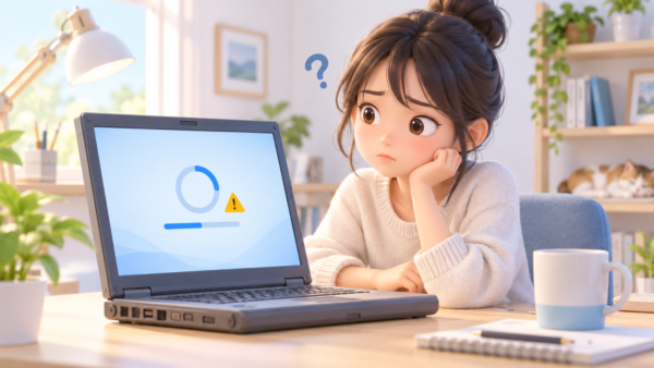 大型アップデートが止まり、古いPCの前で困っている様子