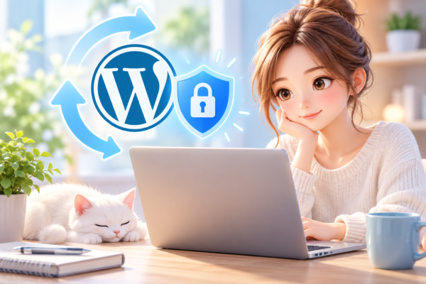 WordPressのセキュリティ更新をイメージしたパソコンと女性のイラスト