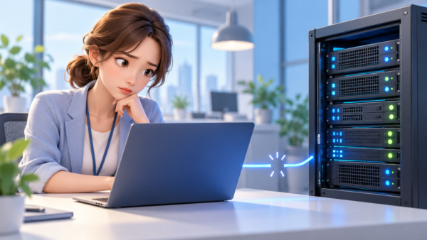 若い女性とサーバーの間で接続が途切れる様子