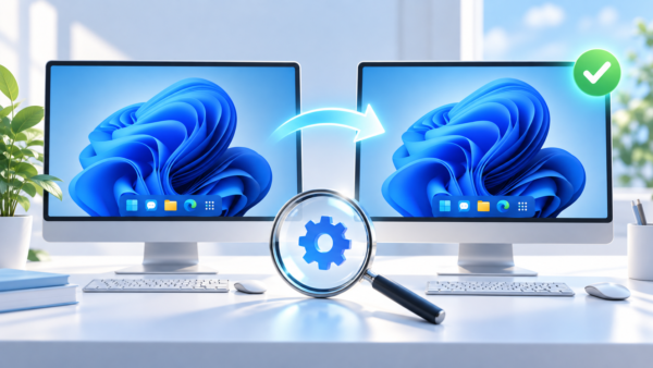 Windows 11の更新前後で似た画面が並び、更新の完了と設定の確認を表現したイラスト