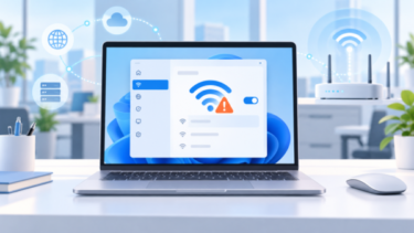 会社のネットワーク認証がうまくいかない様子を、Wi‑FiマークとノートPC、控えめな警告表示
