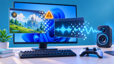 Windows 11でゲームやアプリが突然終了する音声不具合を表現した、パソコンとスピーカーのイラスト